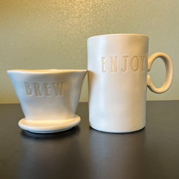 Rae Dunn STUDIO BY MAGENTA Pour Over Drip Coffee Set BREW and ENJOY White Beige - Picture 2 of 14